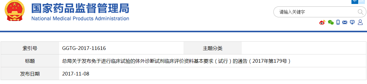 免于進(jìn)行臨床試驗(yàn)的體外診斷試劑臨床評價(jià)資料基本要求（試行）（2017年第179號）(圖1)